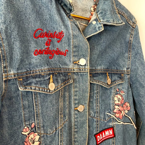 NWOT! H&M Embroidered Floral Denim Jacket - Picture 4 of 8